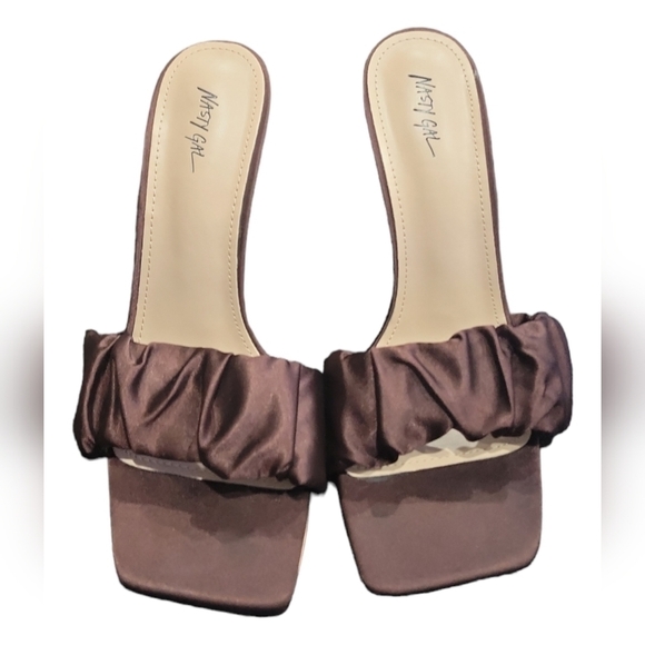 Nasty Gal Women's Satin Ruched Front Stiletto Heels Mules in Chocolate Satin 40 - Picture 4 of 8